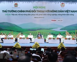 Thủ tướng Phạm Minh Chính và đại diện các Bộ đối thoại với nông dân. (Ảnh: Dương Giang/TTXVN)