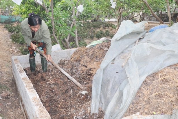 Hình ảnh hội viên nông dân xã Tượng Sơn (Thạch Hà) ủ phân vi sinh từ rác thải hữu cơ, phụ phẩm nông nghiệp và phân chuồng