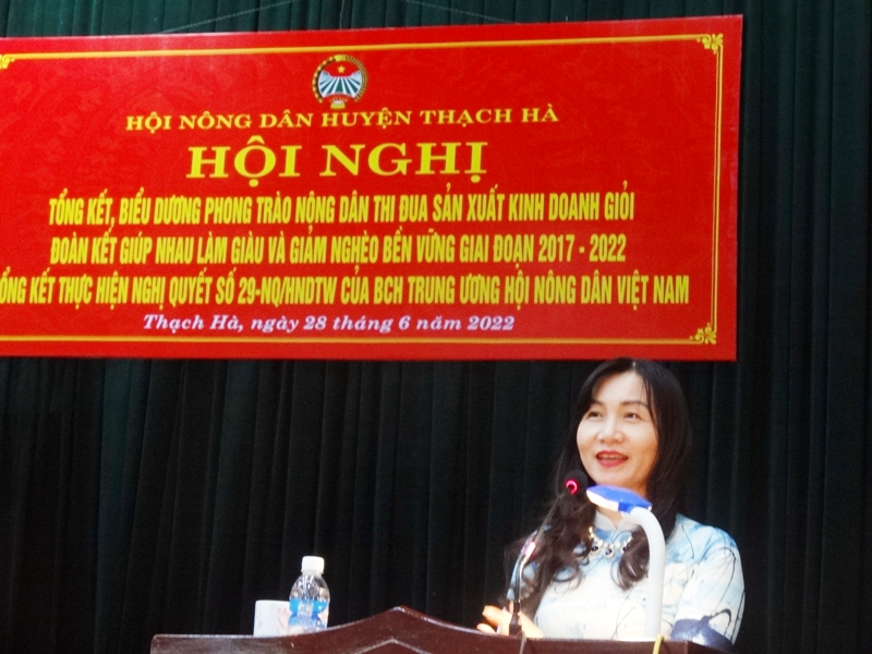 Đồng chí Nguyễn Thị Mai Thủy - Tỉnh ủy viên, Chủ tịch Hội Nông dân tỉnh phát biểu tại hội nghị