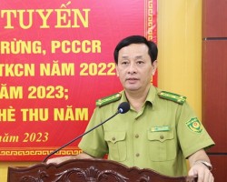 Đồng chí Hoàng Quốc Huấn - Chi cục trưởng Chi cục Kiểm lâm báo cáo công tác BVR - PCCCR năm 2022