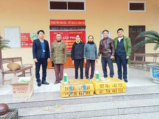 Hội Nông dân xã Tùng Lộc phối hợp cấp phát giống và thức ăn cho gà